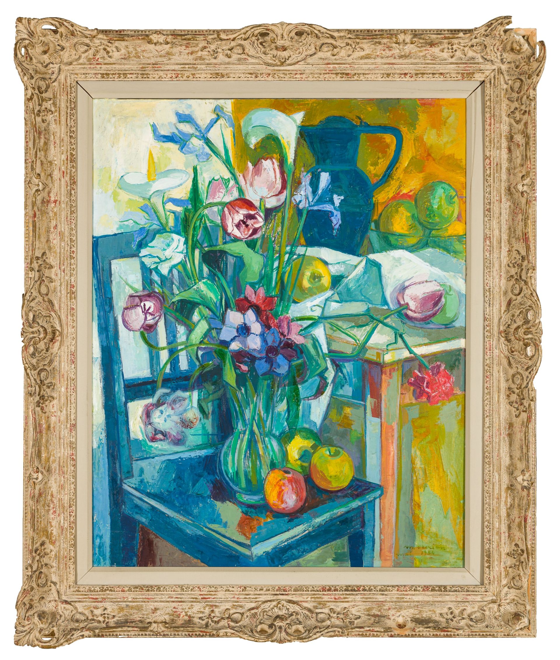 Maximilian Florian-Stilleben mit blauen Sessel, Blumen und Früchten