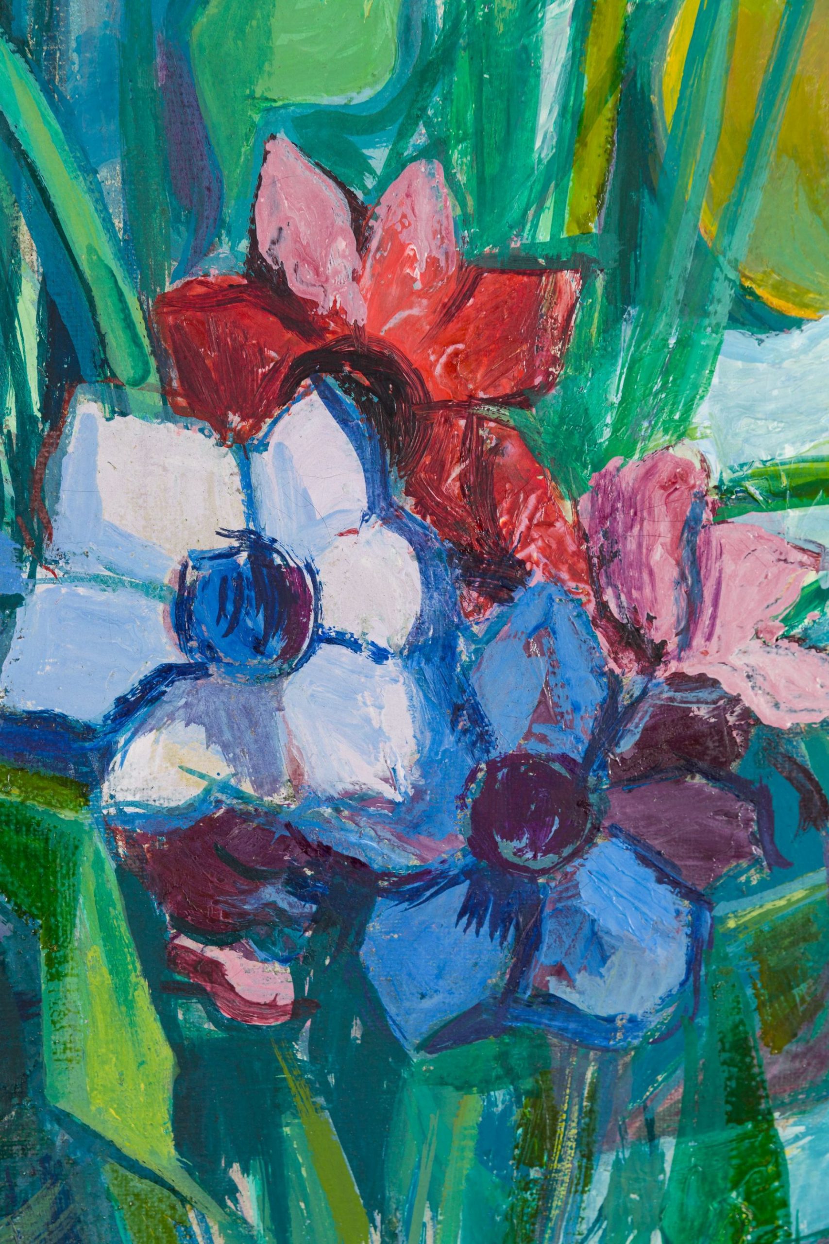 Maximilian Florian-Stilleben mit blauen Sessel, Blumen und Früchten