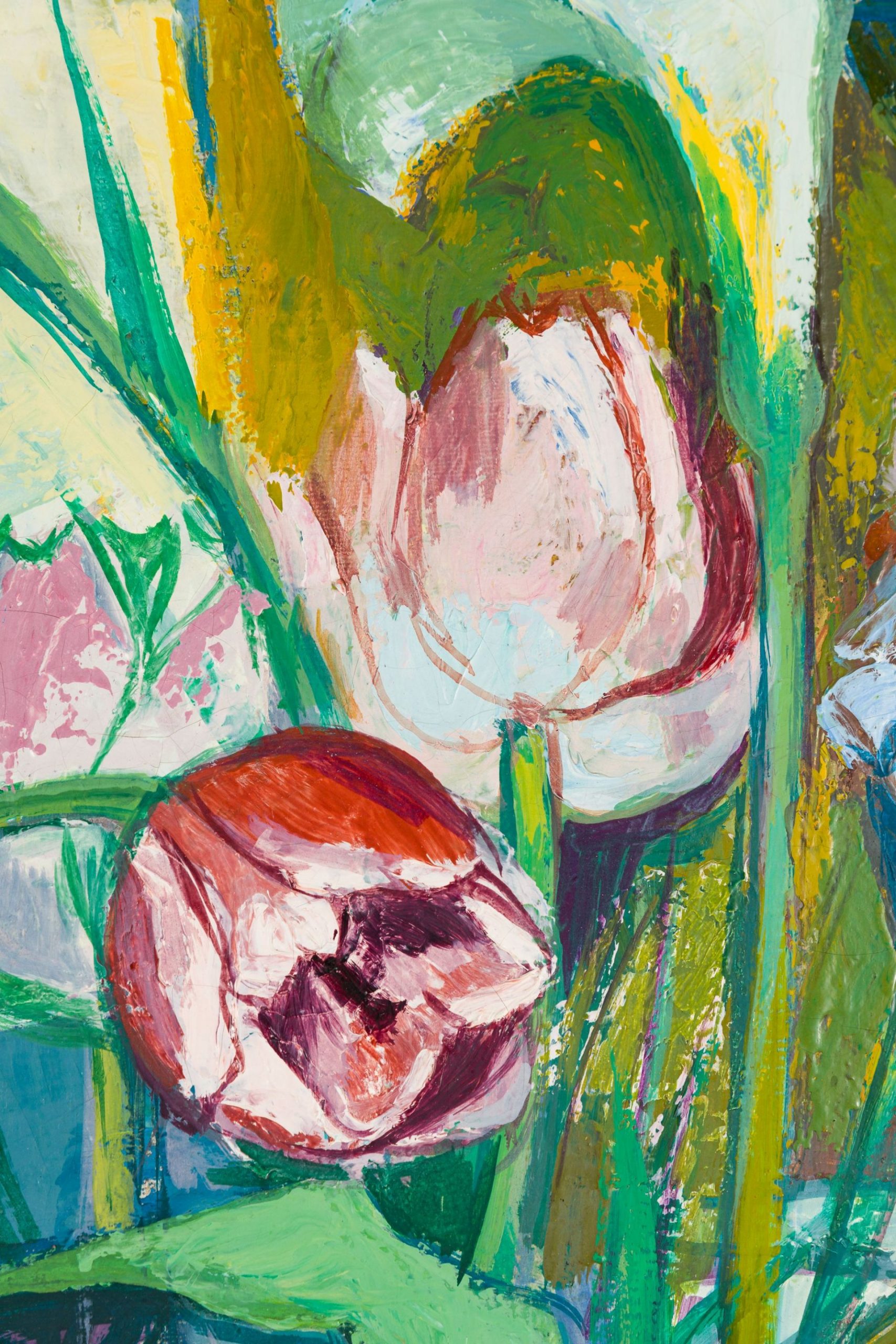 Maximilian Florian-Stilleben mit blauen Sessel, Blumen und Früchten