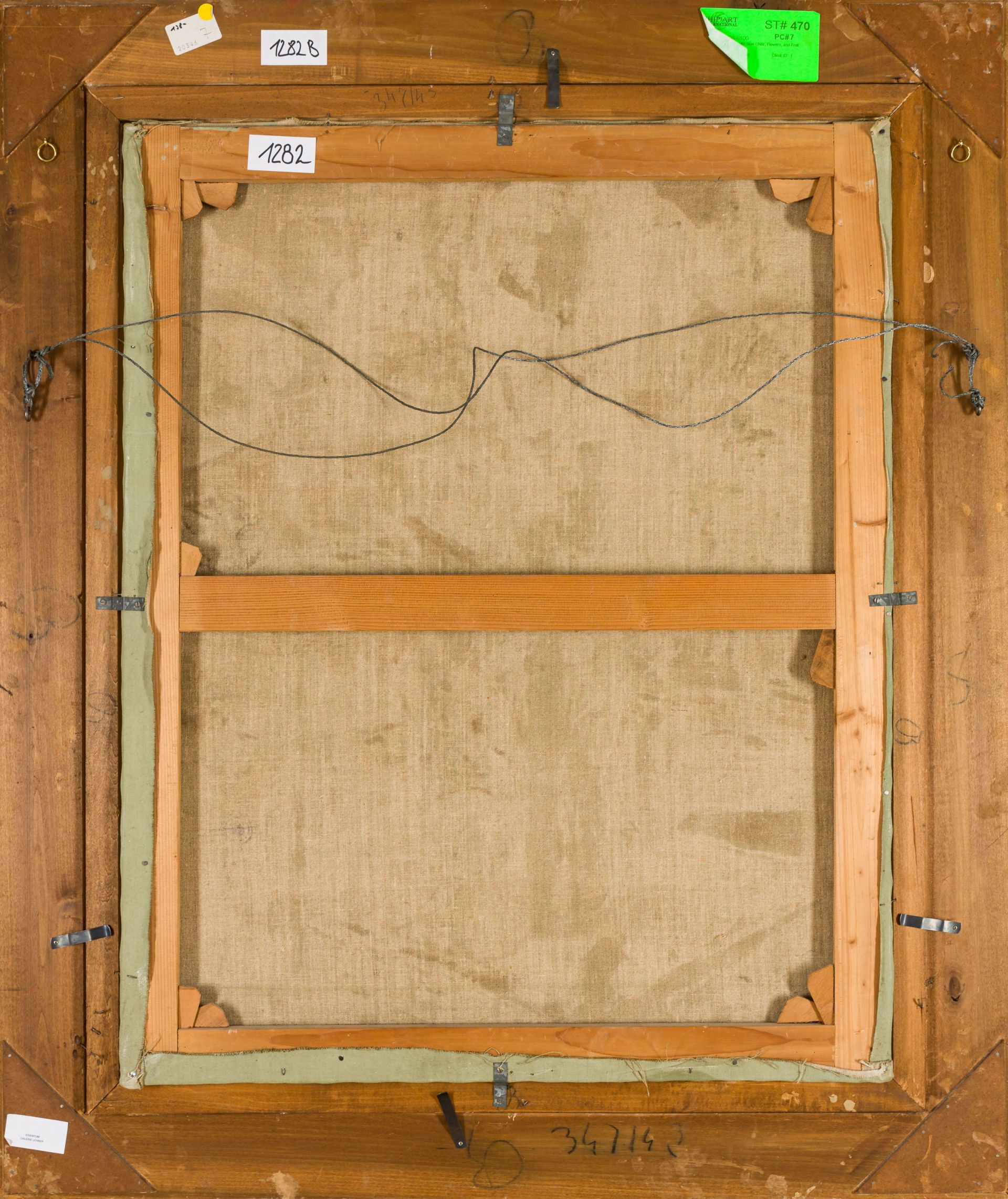 Maximilian Florian-Stilleben mit blauen Sessel, Blumen und Früchten