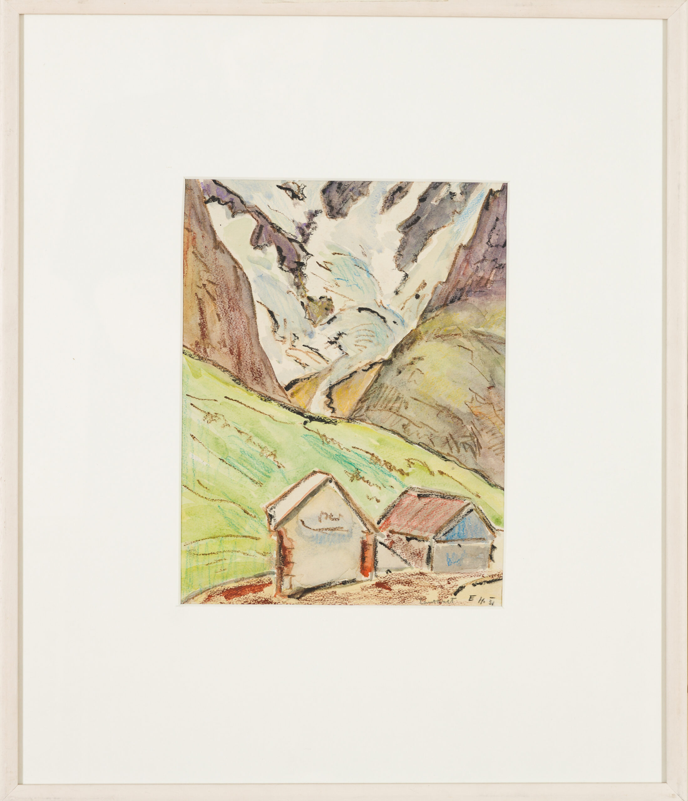 Egon Hofmann-Two huts in a mountain landscape