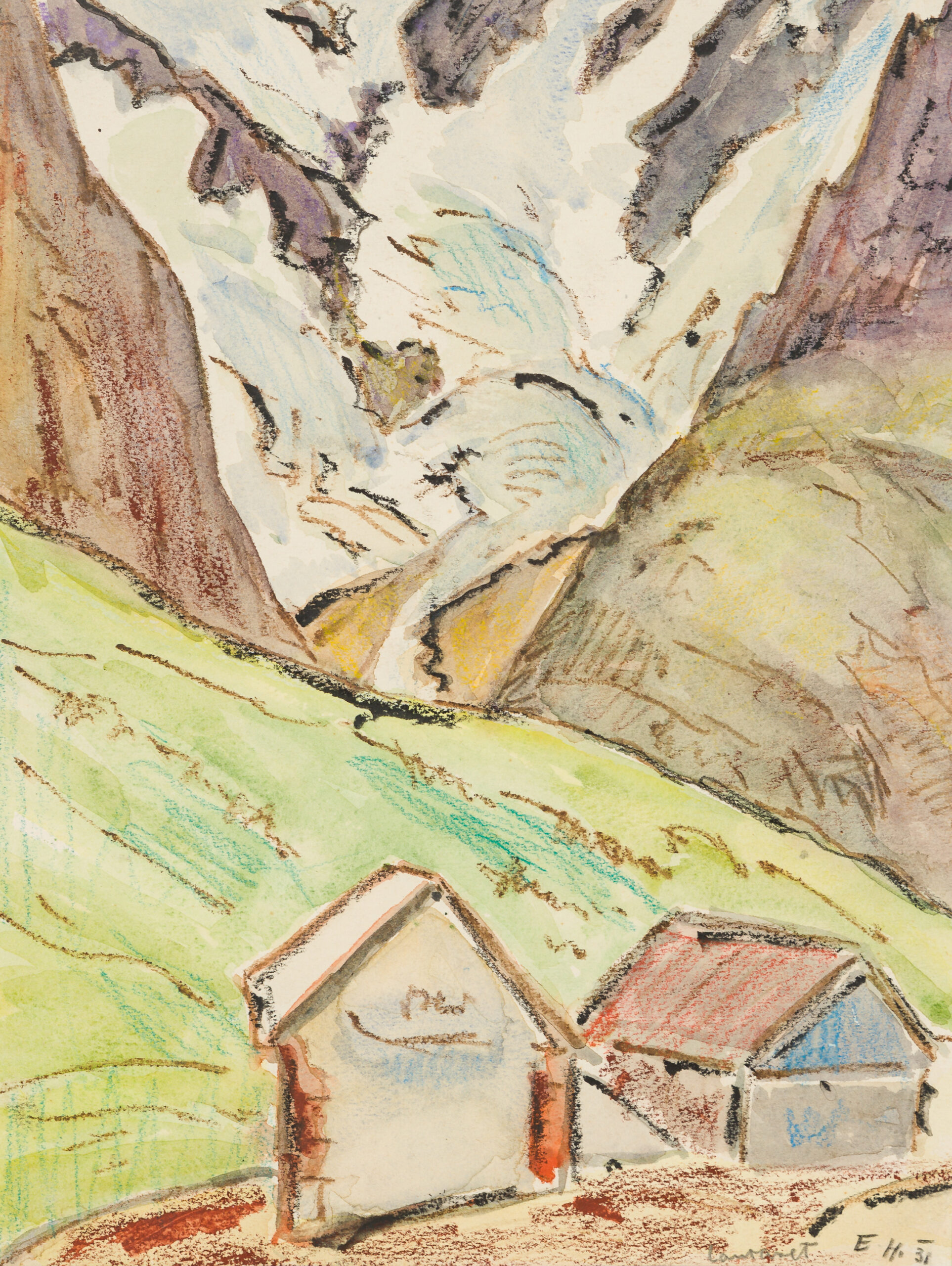 Egon Hofmann-Two huts in a mountain landscape
