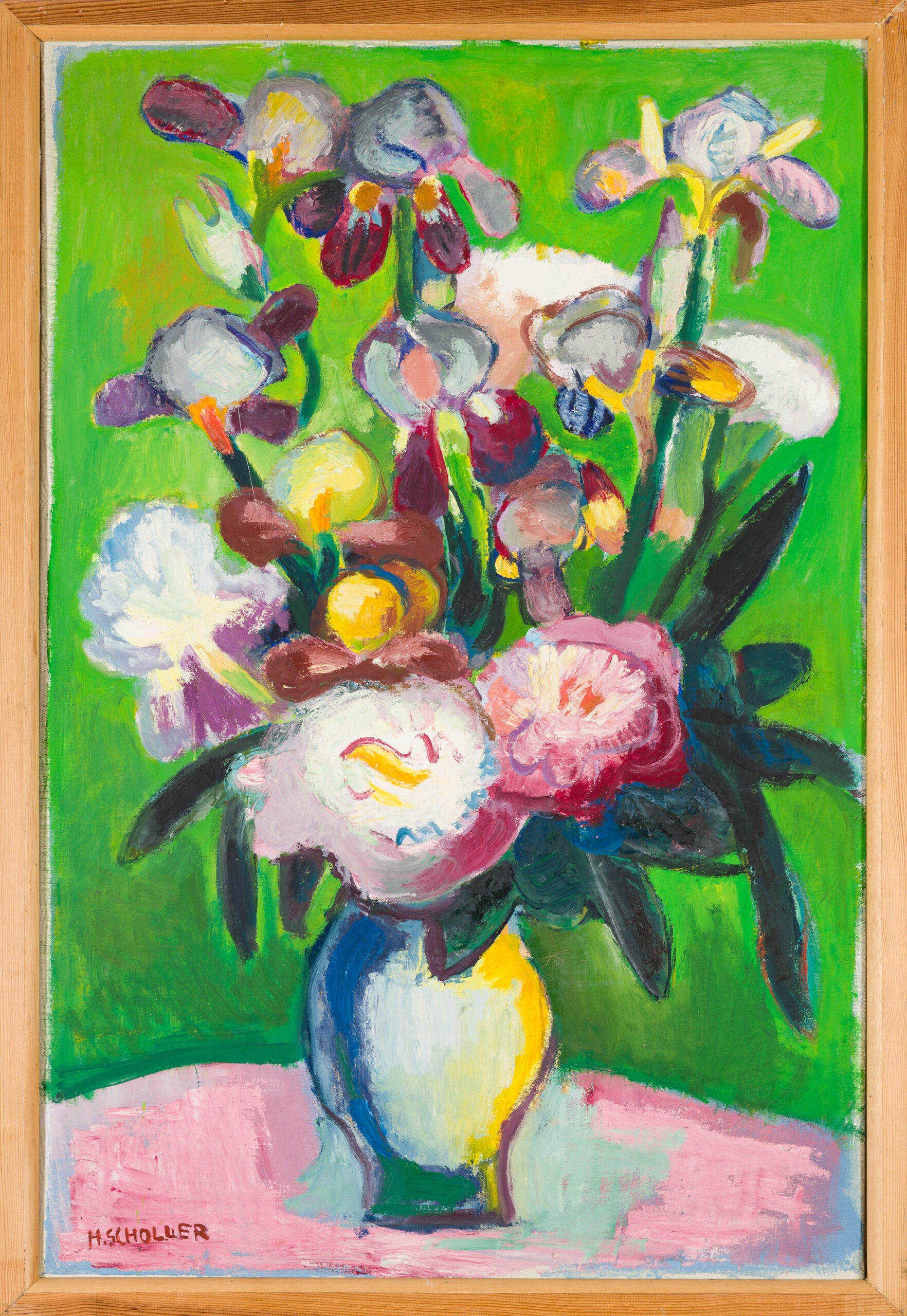 Helga Scholler-Blumenstillleben mit Iris und Pfingstrosen
