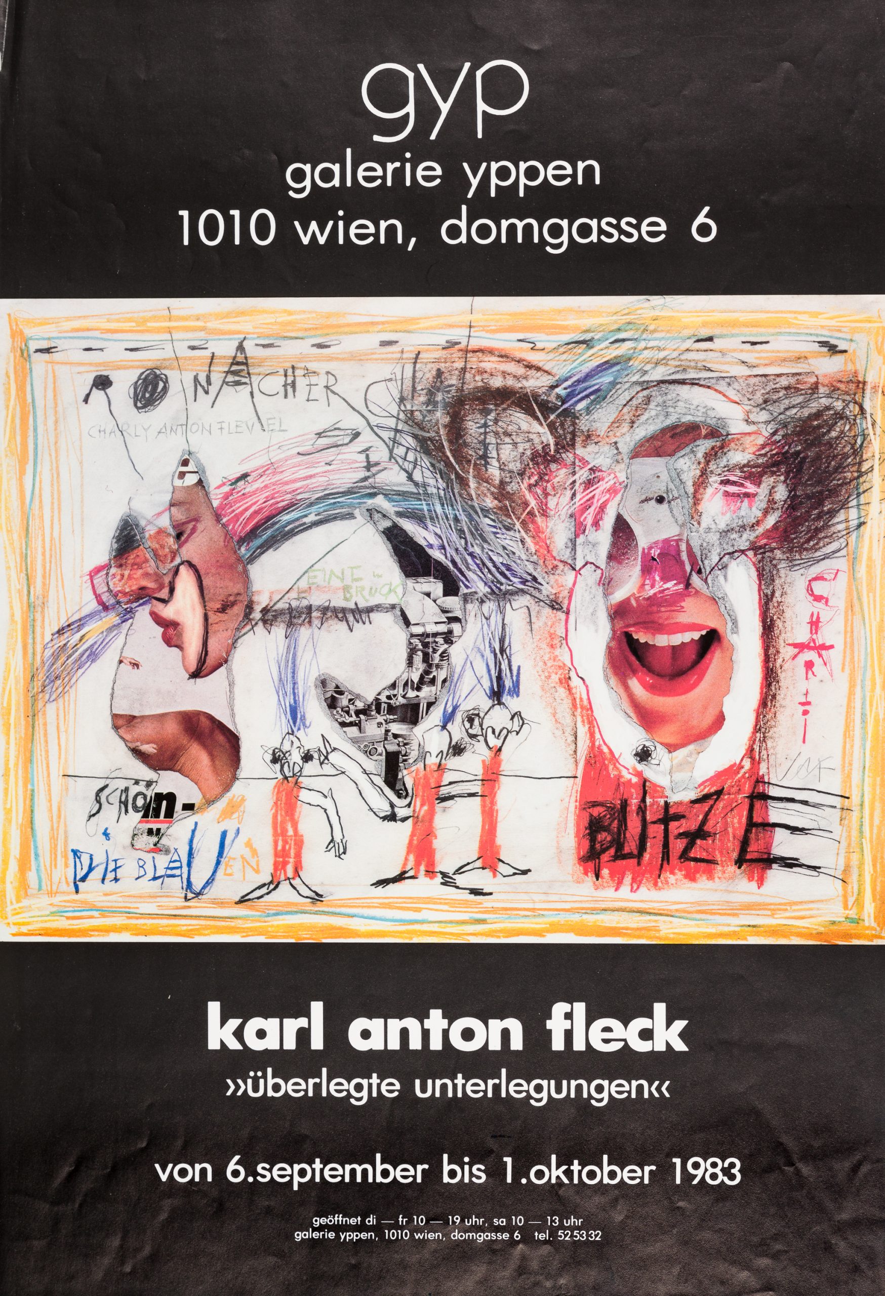 Karl Anton Fleck-Mixed lot: postcard, 1981 / exhibition invitation of the Galerie auf der Stubenbastei, 1973 / woodcut, 1966 / exhibition poster of the Galerie Yppen, 1983