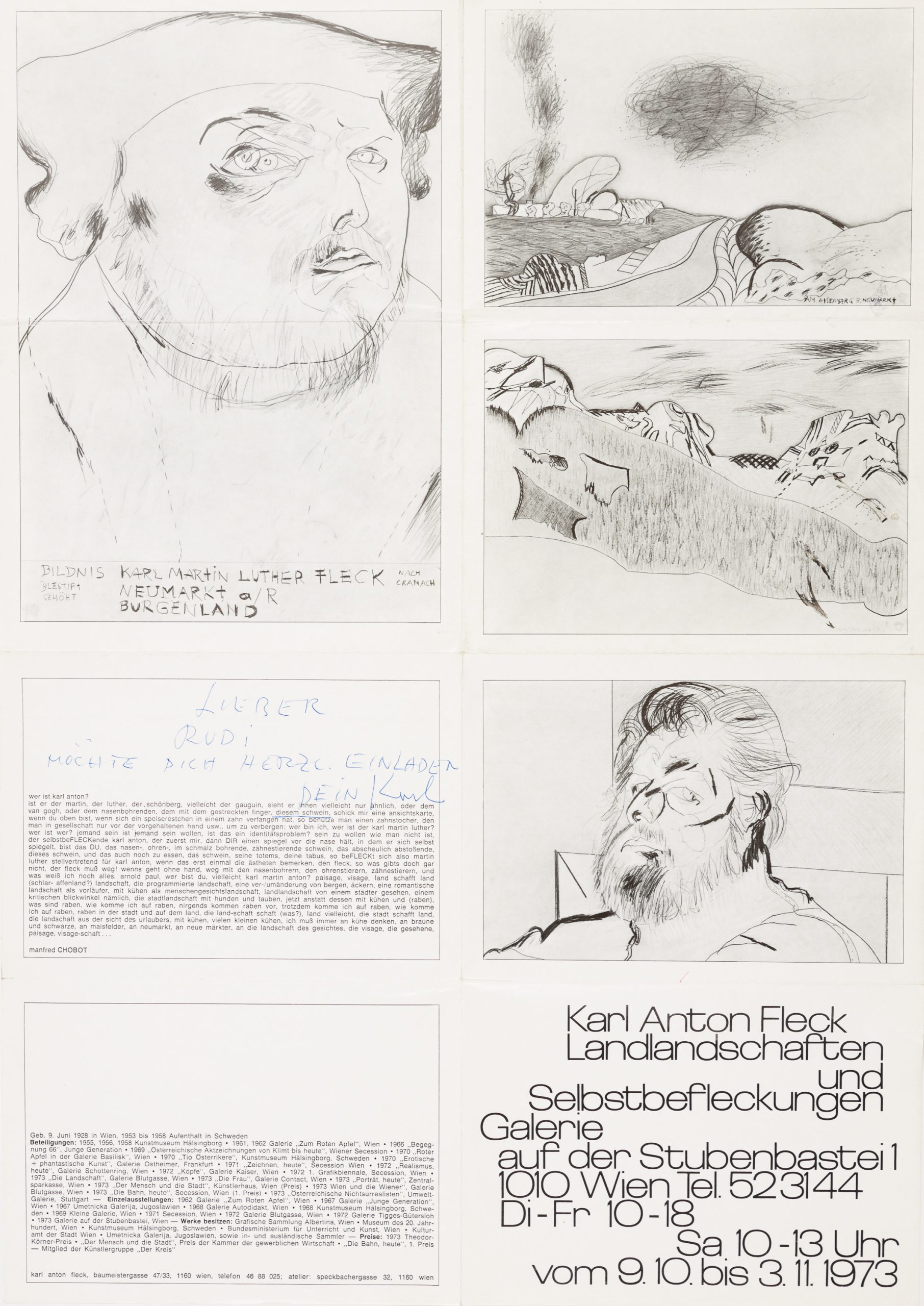 Karl Anton Fleck-Konvolut: Postkarte, 1981/ Ausstellungseinladung der Galerie auf der Stubenbastei, 1973/ Holzschnitt, 1966 / Ausstellungsplakat der Galerie Yppen, 1983 