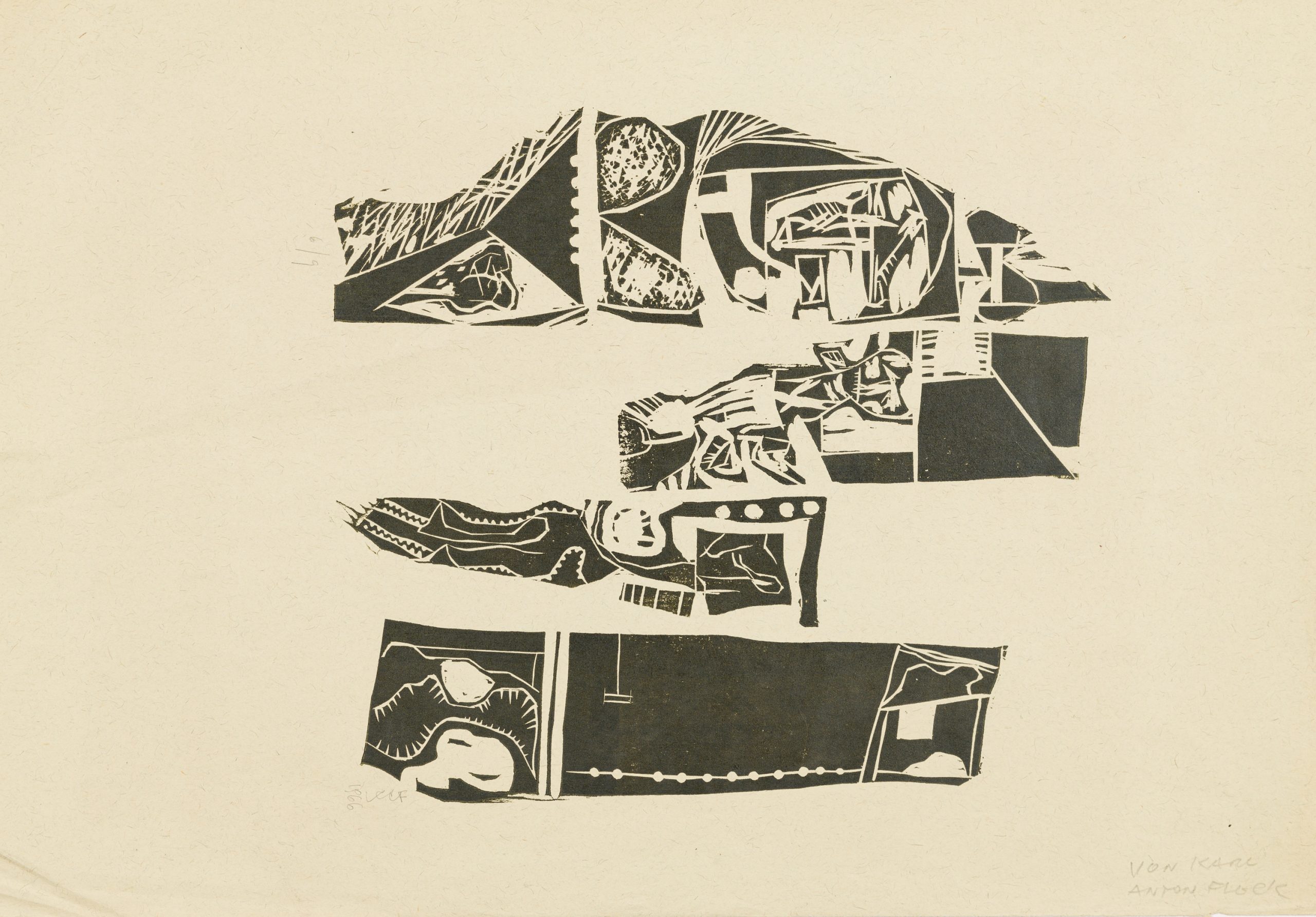 Karl Anton Fleck-Konvolut: Postkarte, 1981/ Ausstellungseinladung der Galerie auf der Stubenbastei, 1973/ Holzschnitt, 1966 / Ausstellungsplakat der Galerie Yppen, 1983 