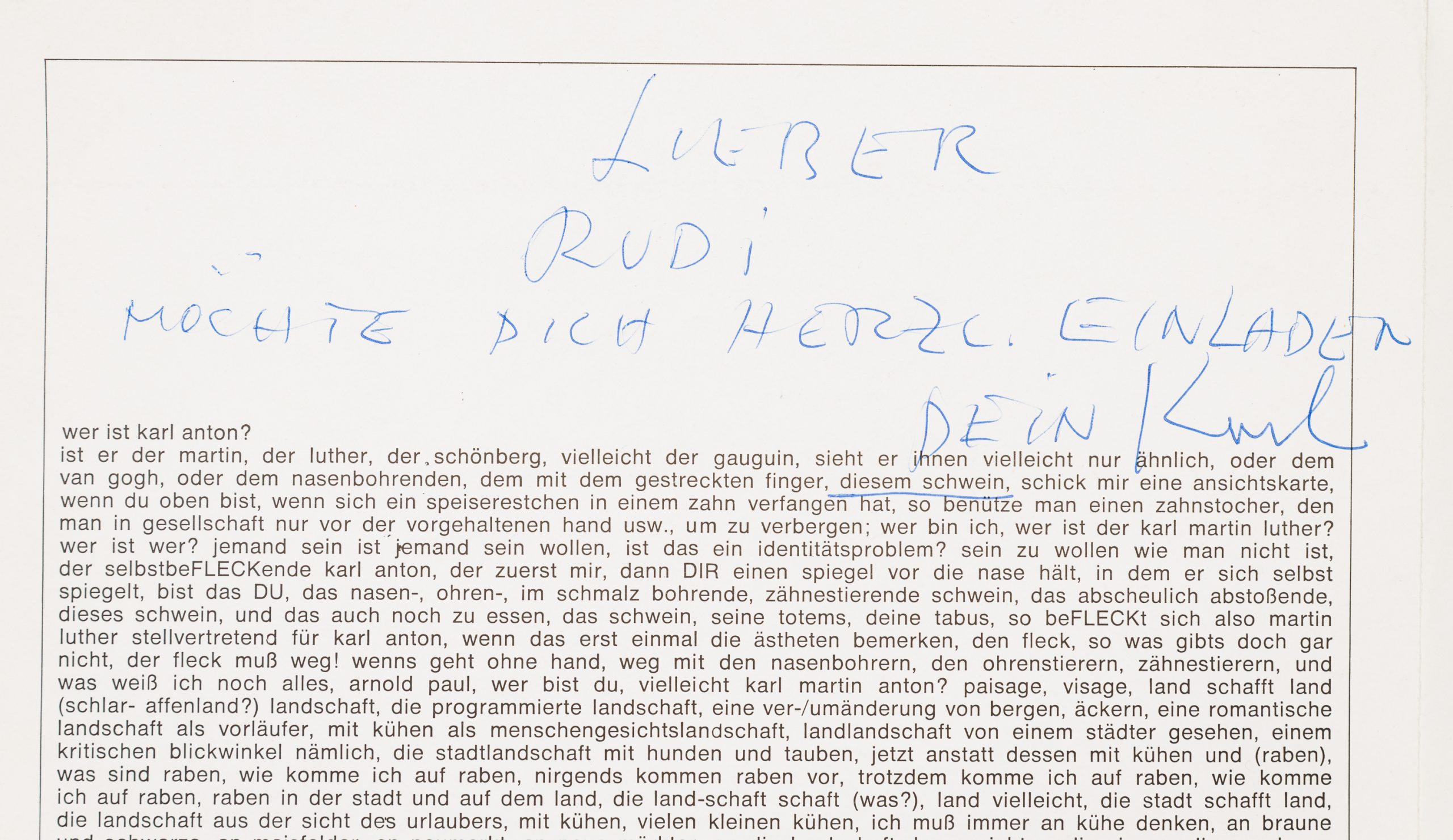 Karl Anton Fleck-Konvolut: Postkarte, 1981/ Ausstellungseinladung der Galerie auf der Stubenbastei, 1973/ Holzschnitt, 1966 / Ausstellungsplakat der Galerie Yppen, 1983 