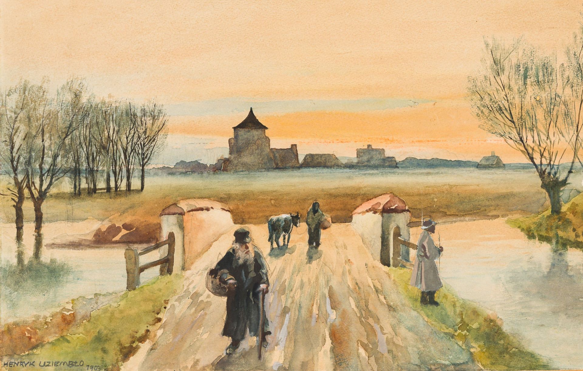 Henryk Uziemblo-Landschaft mit Figuren - Motiv aus Ostpolen